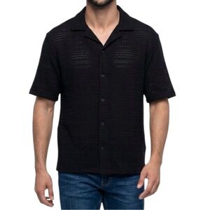 Zara Men’s Black Mesh Open Knit Textured Collared Short-Sleeve Button-Down Shirt